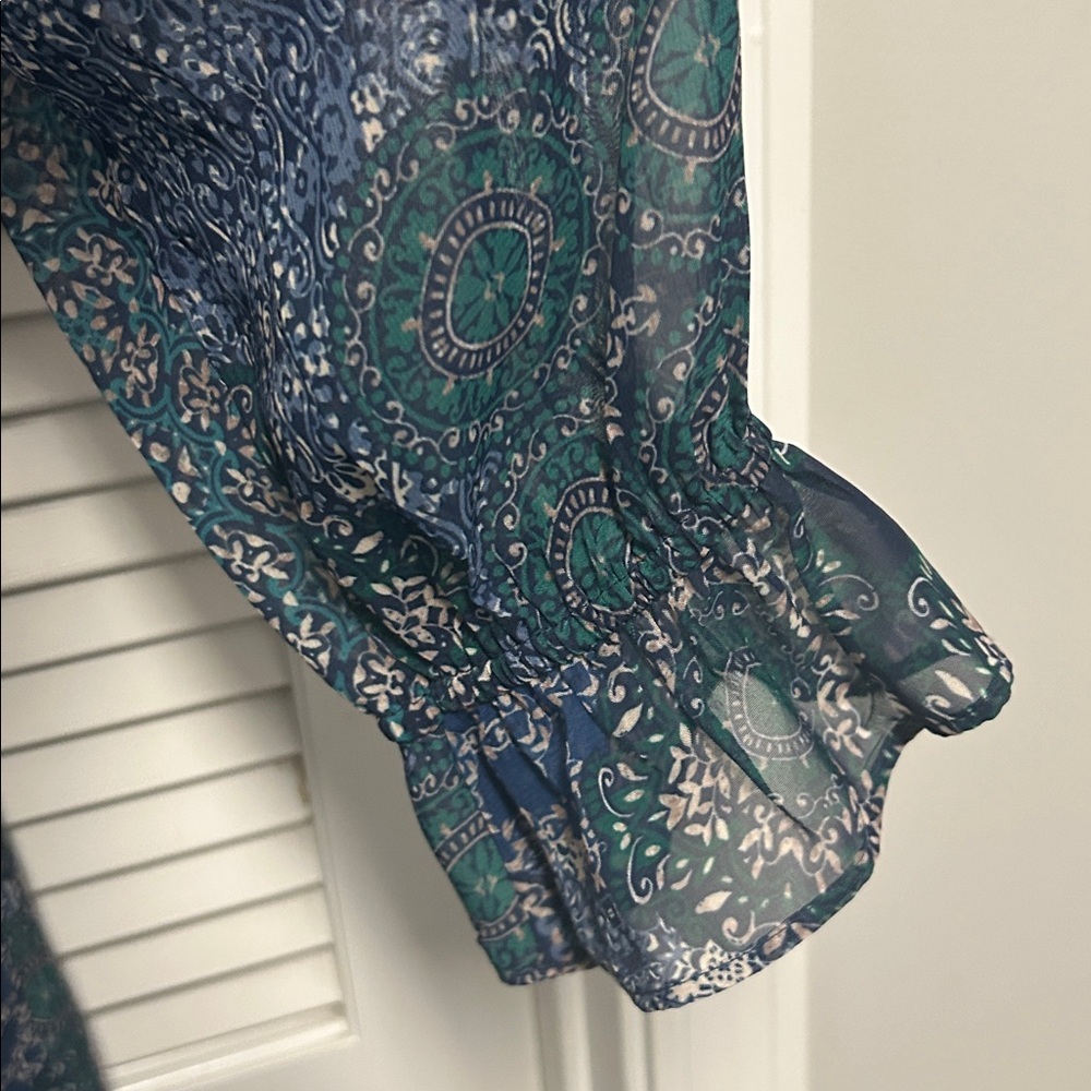 Jessica Howard Patchwork Look Flowy Dress with Sheer Sleeves in Navy and Teal - Picture 5 of 7